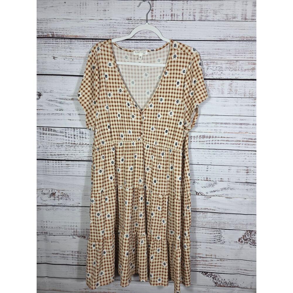Planet Gold Plus 3X Maxi Dress Women's Brown Gingham Floral Boho Dress